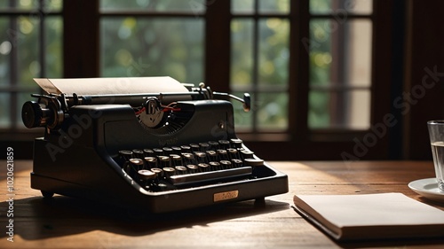 vintage typewriter sitting on a wooden desk, with a blank sheet of paper ready to be typed, softly lit by a nearby window.