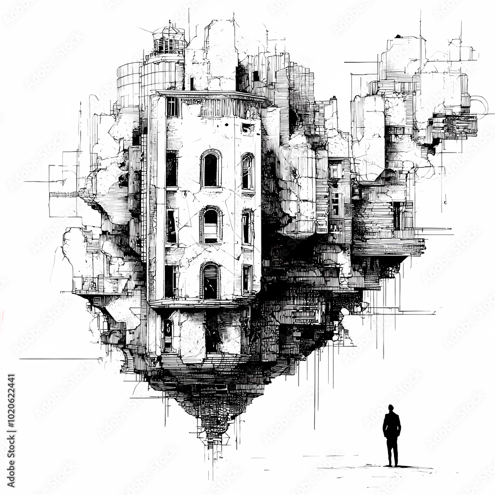 Naklejka premium sketch style of buildings, concept of urban levitation in modern city