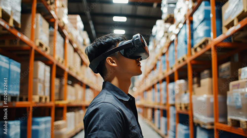 Person in VR headset in busy warehouse Person in VR headset in busy warehouse