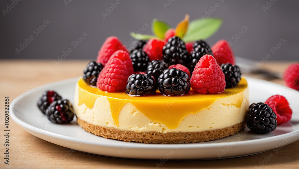 Soft mango cheesecake topped, served on a light brown biscuit base, placed on a modern and simple white plate, completely isolated white background Soft mango cheesecake topped, served on a light brown biscuit base, placed on a modern and simple white plate, completely isolated white background