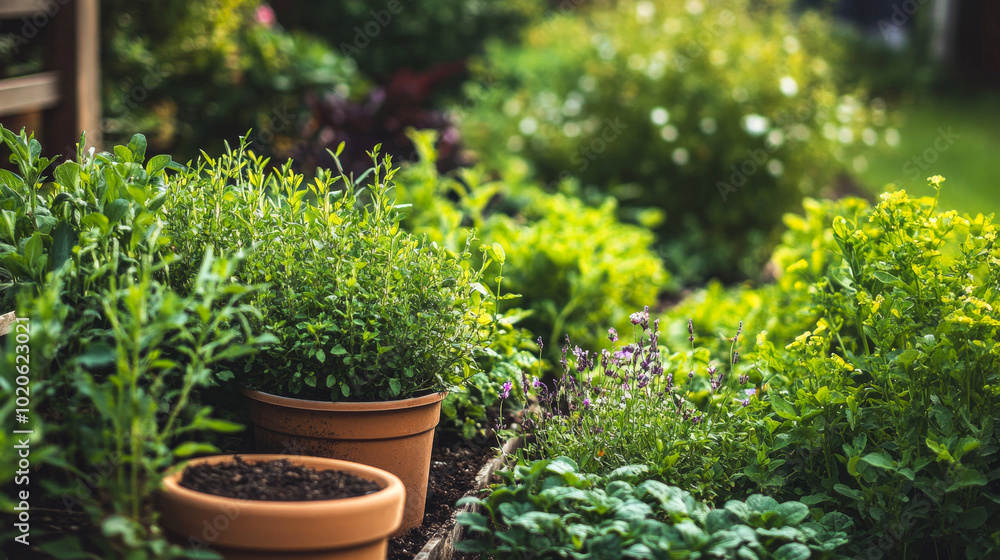 Lush garden with potted herbs and vibrant greenery Lush garden with potted herbs and vibrant greenery