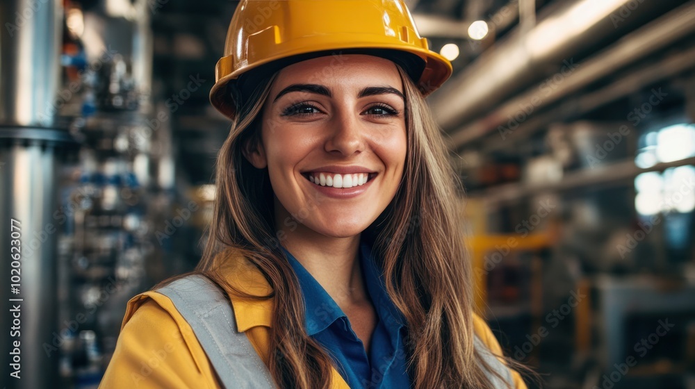 Beautiful engineer woman in action, smiling at the camera Beautiful engineer woman in action, smiling at the camera