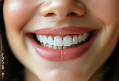 A close-up image showcasing a woman’s smile with perfectly aligned white teeth. The focus is on dental health, happiness, and confidence.