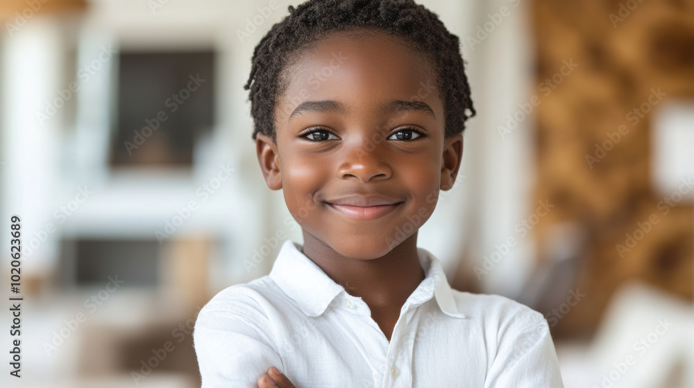 Confident young boy with arms crossed, smiling and relaxed, casual portrait, light background, playful yet professional, youthful confidence, happy demeanor, innocence, stylish simplicity Confident young boy with arms crossed, smiling and relaxed, casual portrait, light background, playful yet professional, youthful confidence, happy demeanor, innocence, stylish simplicity