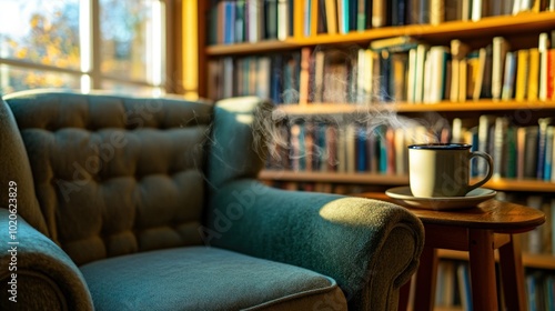 A Steaming Cup of Coffee on a Side Table by a Cozy Armchair in a Room with Bookshelves