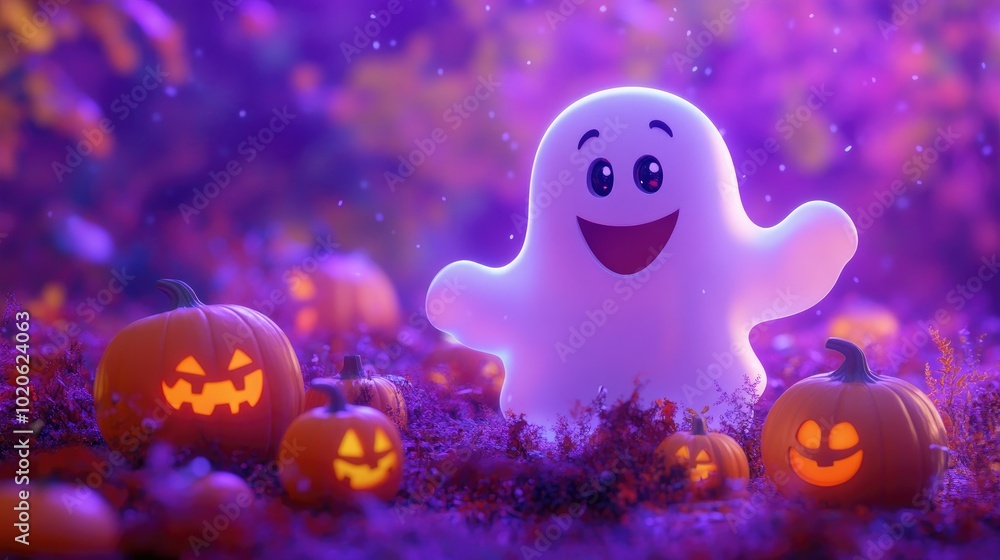 3D render of a smiling ghost surrounded by small pumpkins, set against a vibrant purple backdrop for a playful Halloween feel 3D render of a smiling ghost surrounded by small pumpkins, set against a vibrant purple backdrop for a playful Halloween feel