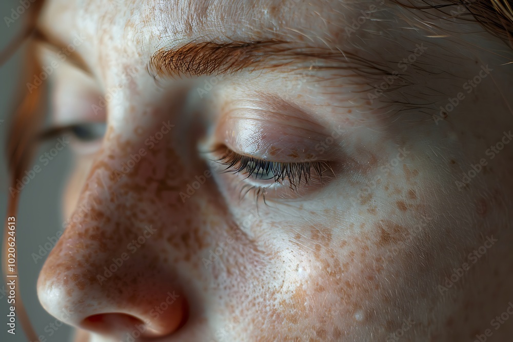 A close-up view of a person's face, highlighting freckles, delicate skin tones, and soft eyelashes, emphasizing natural beauty and individuality.