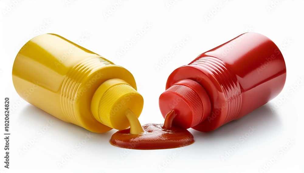 ketchup and mustard out of plastic bottles, isolated on white background ketchup and mustard out of plastic bottles, isolated on white background
