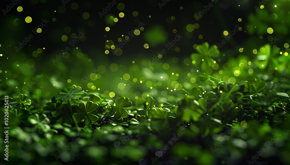 St. Patrick's Day celebration. Clover leaves on black background, bokeh effect St. Patrick's Day celebration. Clover leaves on black background, bokeh effect