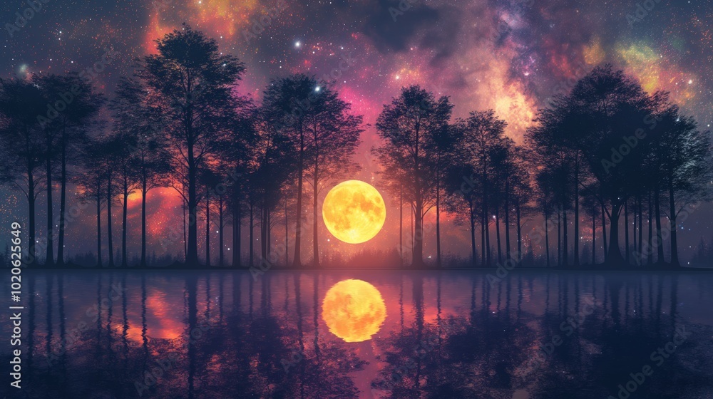 Enchanting night sky with moonlit trees and lake reflection Enchanting night sky with moonlit trees and lake reflection
