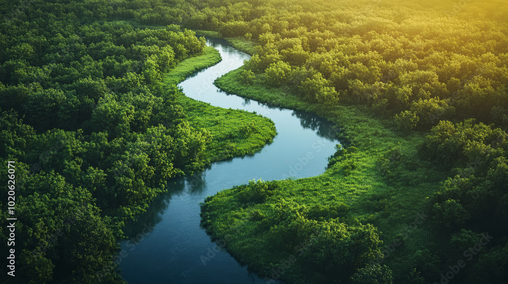 Winding river through lush forest at sunset Winding river through lush forest at sunset