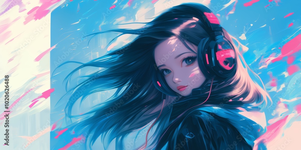 Futuristic anime girl with blue hair and headphones in vibrant neon colors Futuristic anime girl with blue hair and headphones in vibrant neon colors