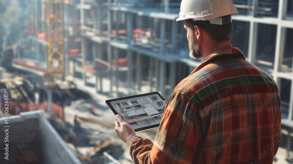 Engineer portrait with a tablet, looking at a building under construction Engineer portrait with a tablet, looking at a building under construction