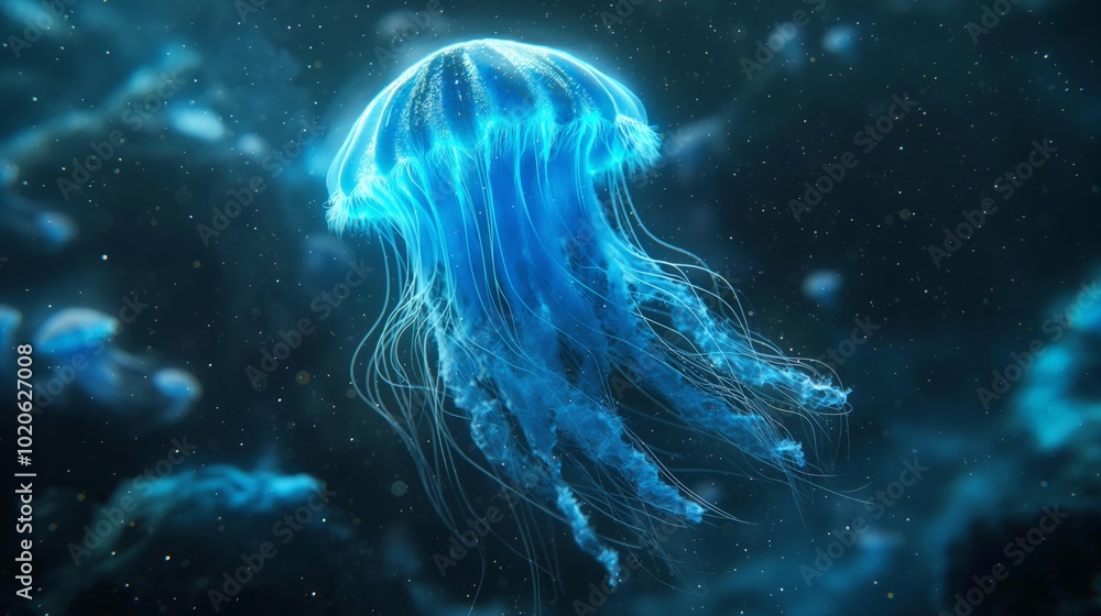 Obraz premium Bioluminescent jellyfish in oceanic chaos with glowing tentacles