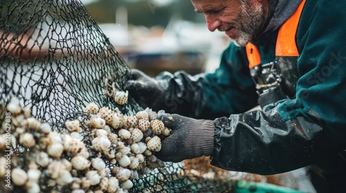 a fisherman inspecting barnacles on a fishing net, representing the connection between nature and industry photo