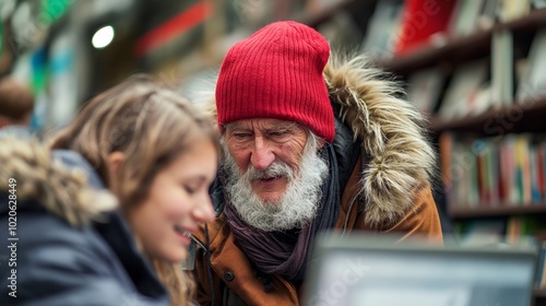 Volunteer educating homeless individual in computer skills outdoors