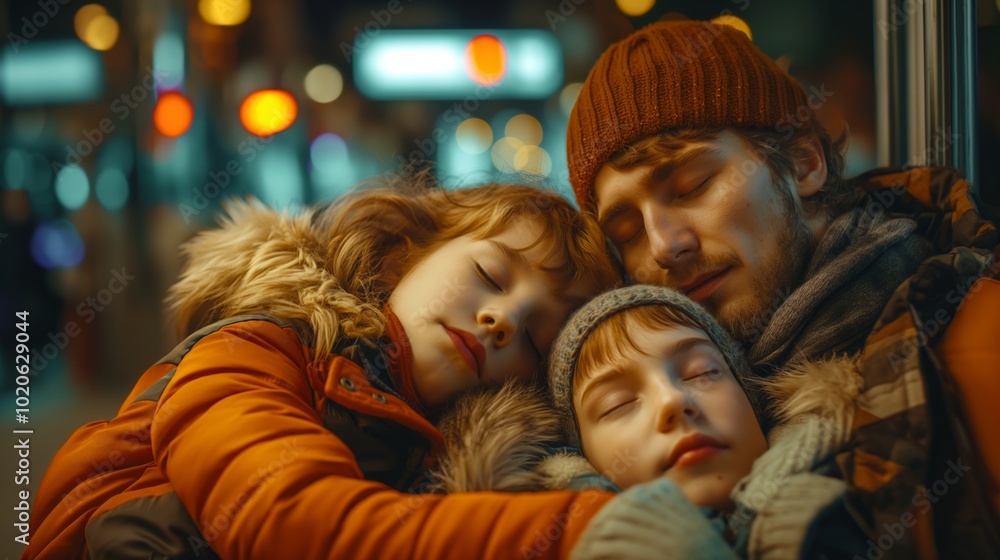 Fototapeta premium Exhausted family sleeping at train station - travel and rest concept