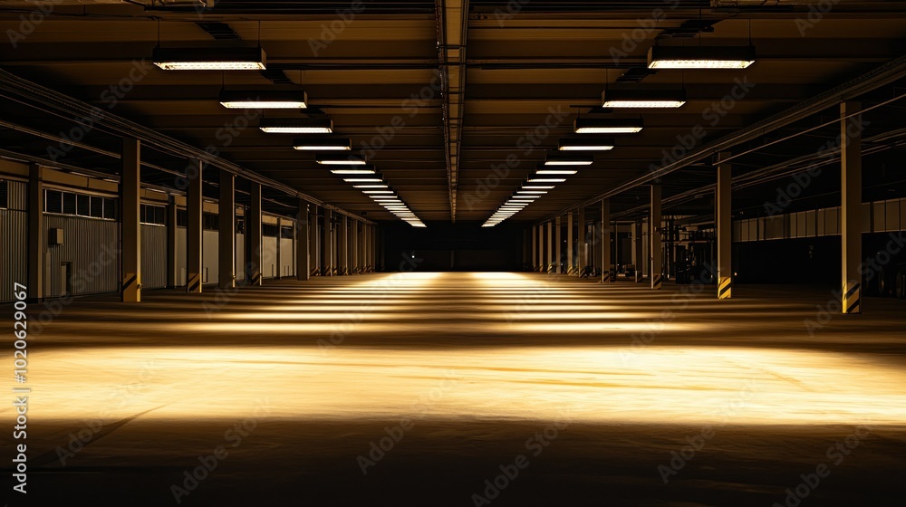 Fototapeta premium Empty industrial warehouse interior with fluorescent lights and concrete floor.