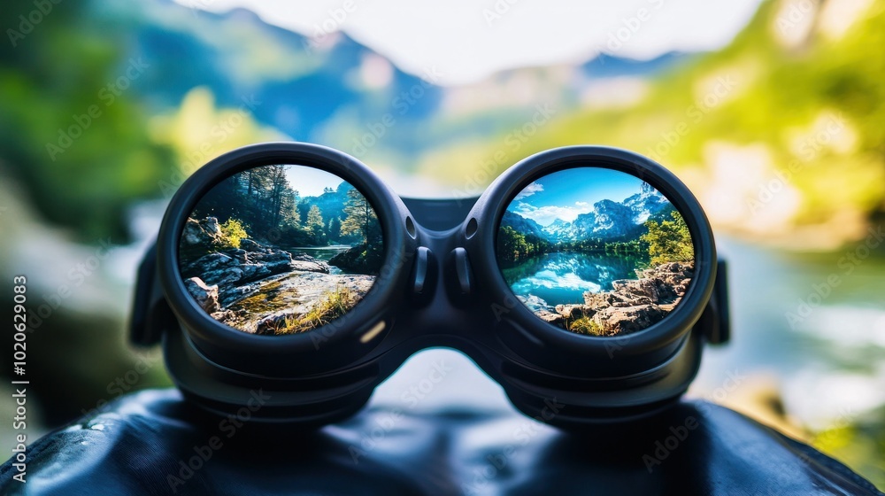 Binoculars Revealing a Scenic Mountain Lake and Forest Landscape Binoculars Revealing a Scenic Mountain Lake and Forest Landscape