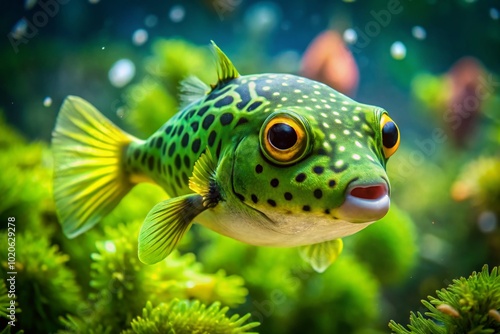 The striking green pufferfish, Tetraodon cutcutia, swims elegantly in a freshwater aquarium, its vibrant color and