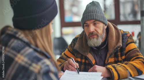 Social worker assisting homeless individual with housing application process