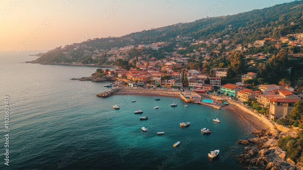 Fototapeta premium Coastal Town Nestled Between Mountains and Sea at Sunset