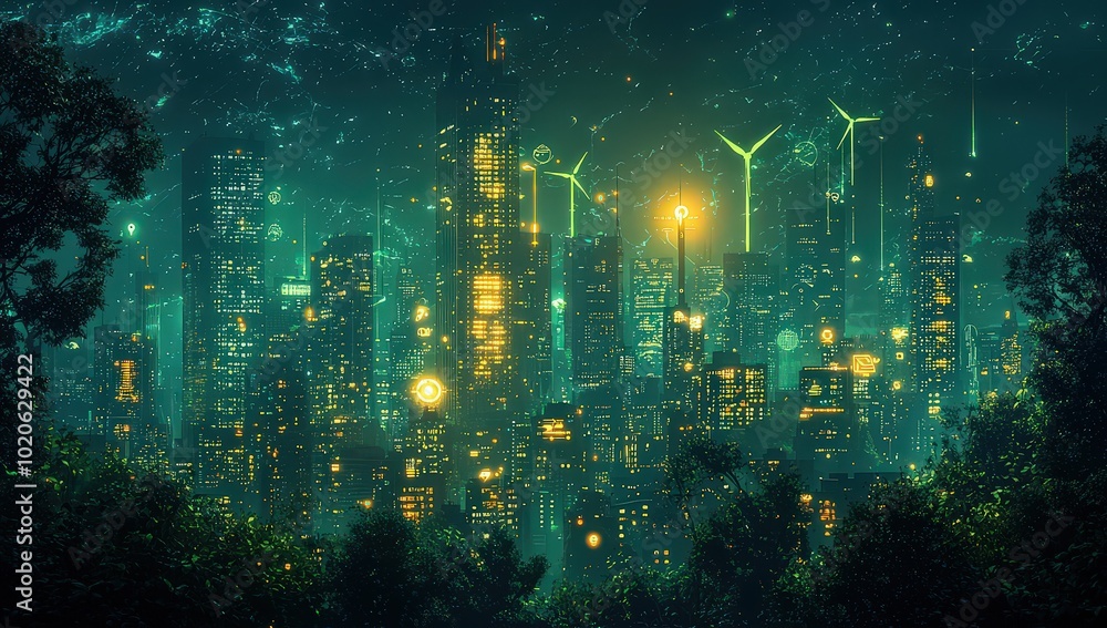 A city skyline made of green energy symbols and futuristic buildings, with icons representing clean technology and sustainable development on the skyline. A city skyline made of green energy symbols and futuristic buildings, with icons representing clean technology and sustainable development on the skyline.