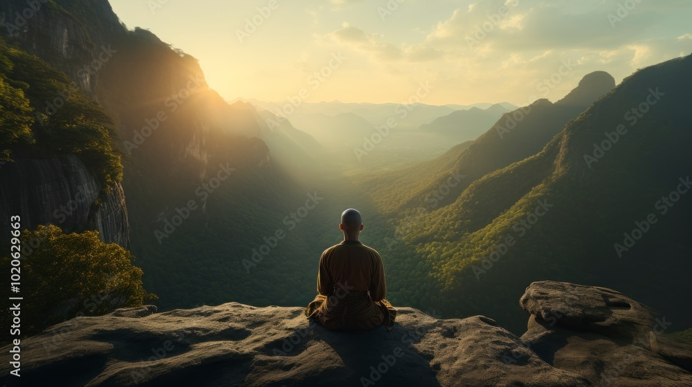 A meditation practitioner sits on a rock, contemplating a breathtaking mountain landscape as the sun rises, illuminating the horizon. A meditation practitioner sits on a rock, contemplating a breathtaking mountain landscape as the sun rises, illuminating the horizon.
