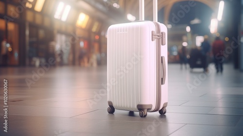 A white suitcase sits alone in a station, waiting to be taken to its next destination.