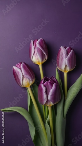 Three Purple Tulips with Yellow Centers Against Gradient Background