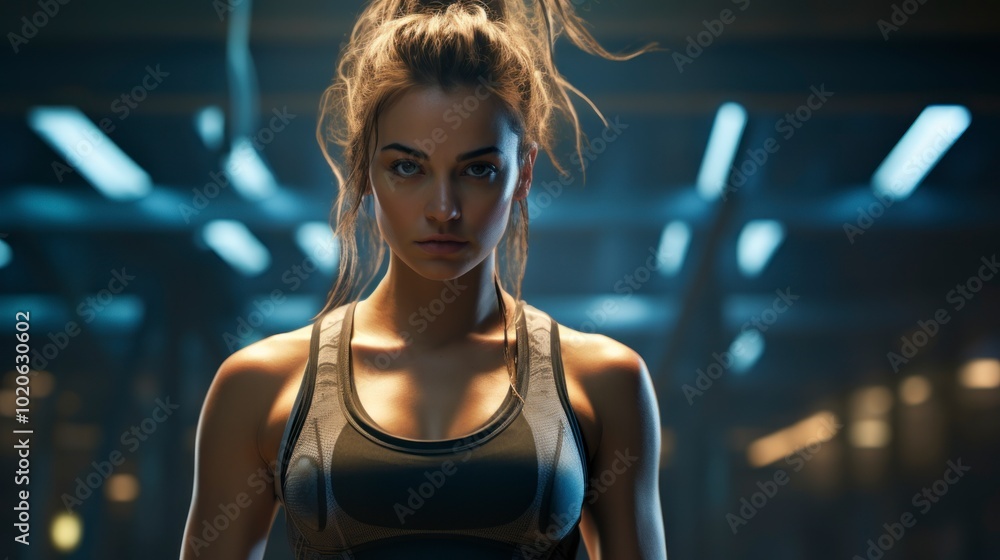 A strong and determined-looking woman stands in a gym, concentrating on her workout with lighting that highlights her figure and effort. A strong and determined-looking woman stands in a gym, concentrating on her workout with lighting that highlights her figure and effort.