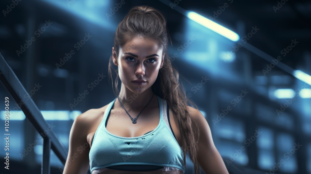 A woman with long, flowing hair stands in a modern gym, looking determined. She is wearing a sports T-shirt and is looking directly into the camera. A woman with long, flowing hair stands in a modern gym, looking determined. She is wearing a sports T-shirt and is looking directly into the camera.
