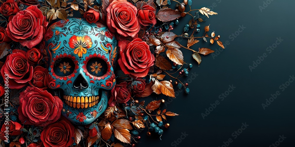 Fototapeta premium A colorful and vibrant sugar skull with intricate designs, surrounded by red roses