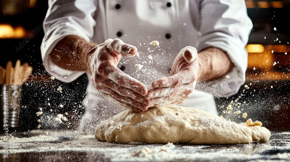 a chef skillfully kneading dough barehanded, showcasing culinary craftsmanship a chef skillfully kneading dough barehanded, showcasing culinary craftsmanship