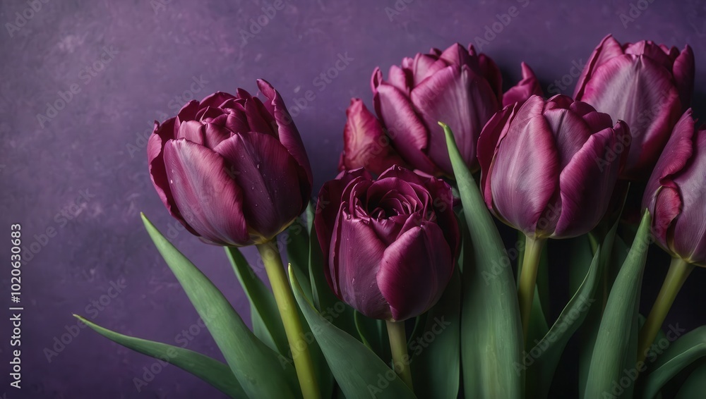 Obraz premium Bouquet of Purple Tulips in Clear Vase on Gray Surface