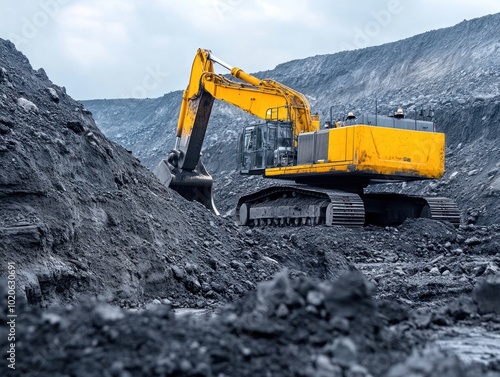 Mining excavator in operation at a coal mining site photo