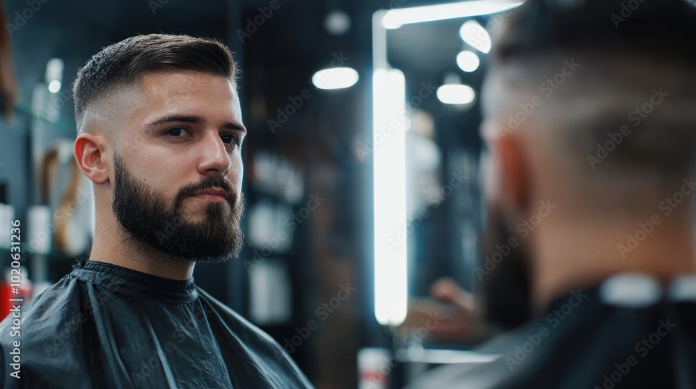 a satisfied customer looking in the mirror after a fresh haircut, representing confidence and transformation a satisfied customer looking in the mirror after a fresh haircut, representing confidence and transformation