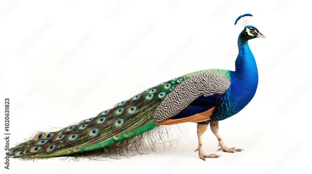 Fototapeta premium Majestic peacock with vibrant tail feathers displayed against a white background