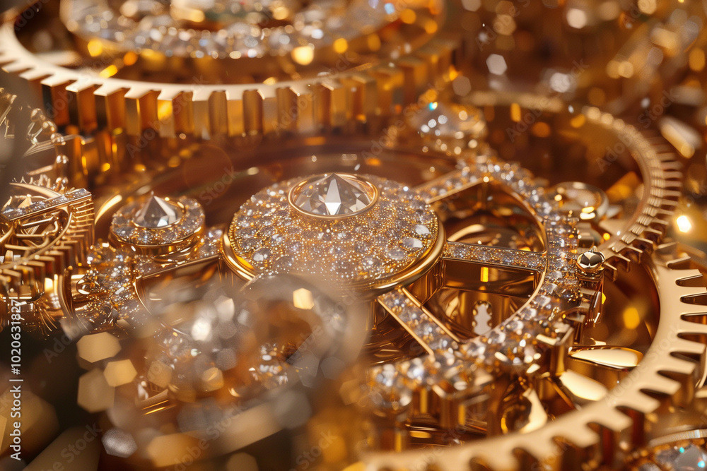 Close-up of golden, gem-encrusted clock gears. Close-up of golden, gem-encrusted clock gears.