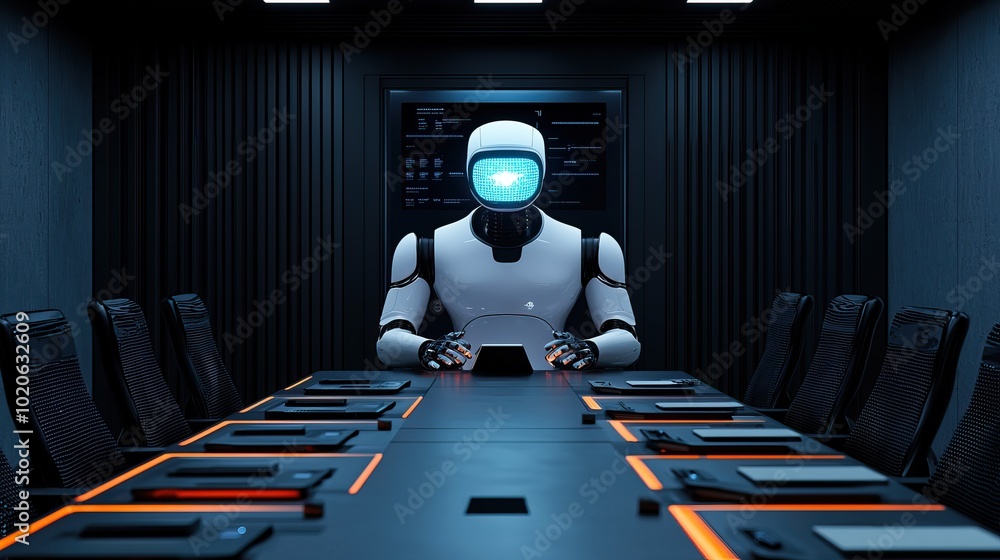 A humanoid robot sits at a futuristic conference table, displaying a glowing blue visor in a dark, sleek room, hinting at advanced technology and corporate discussions. A humanoid robot sits at a futuristic conference table, displaying a glowing blue visor in a dark, sleek room, hinting at advanced technology and corporate discussions.