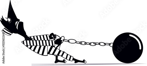 Prisoner with an iron ball chained to his foot. 
Cartoon prisoner drags an iron ball chained to his foot. Black and white illustration
