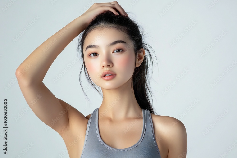Self-care and wellness. Beautiful young asian american girl with slim body, posing in sportswear isolated on white studio background. Concept of natural female beauty, body and skin care, health Self-care and wellness. Beautiful young asian american girl with slim body, posing in sportswear isolated on white studio background. Concept of natural female beauty, body and skin care, health