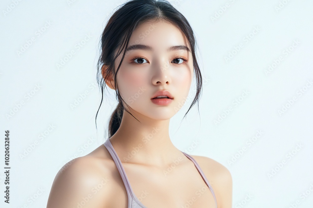 Self-care and wellness. Beautiful young asian american girl with slim body, posing in sportswear isolated on white studio background. Concept of natural female beauty, body and skin care, health Self-care and wellness. Beautiful young asian american girl with slim body, posing in sportswear isolated on white studio background. Concept of natural female beauty, body and skin care, health