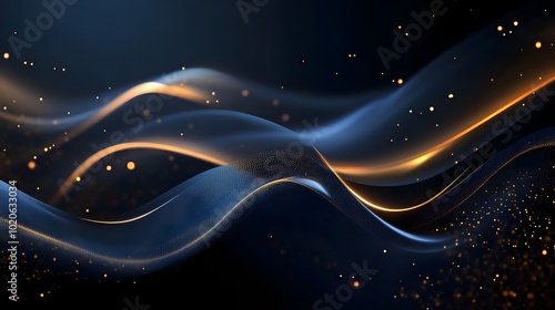 Blue luxury background with golden line decoration and curve light effect with bokeh elements. Modern art elegant dark scene. Ideal for Cover Design, Posters, Luxury Style and Promoting Product Banner photo