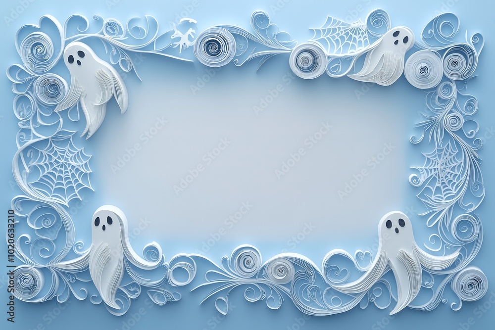 Whimsical Quilled Ghosts and Paper-Cut Spider Webs Banner for Halloween with Space for Text Whimsical Quilled Ghosts and Paper-Cut Spider Webs Banner for Halloween with Space for Text