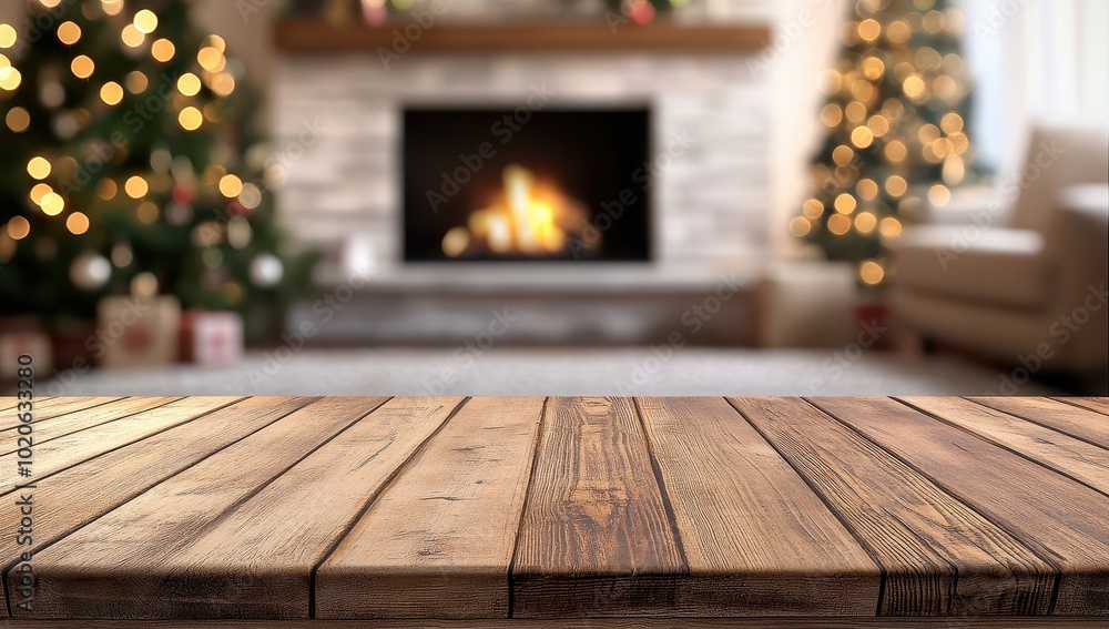 Wooden table top with cozy fireplace and Christmas tree in the background Wooden table top with cozy fireplace and Christmas tree in the background