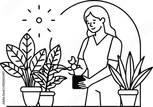 Woman tending to indoor line art illustration