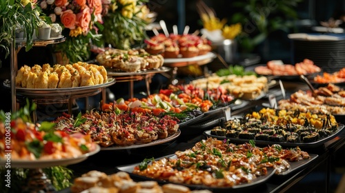 a lavish buffet spread at a banquet, showcasing a variety of dishes and culinary delights