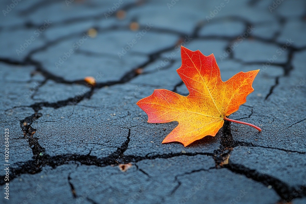 A single red and yellow maple leaf sits on a cracked asphalt surface, a poignant image of change and fragility. A single red and yellow maple leaf sits on a cracked asphalt surface, a poignant image of change and fragility.