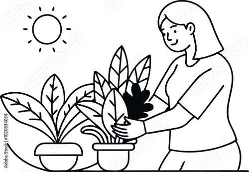 Woman tending to indoor line art illustration